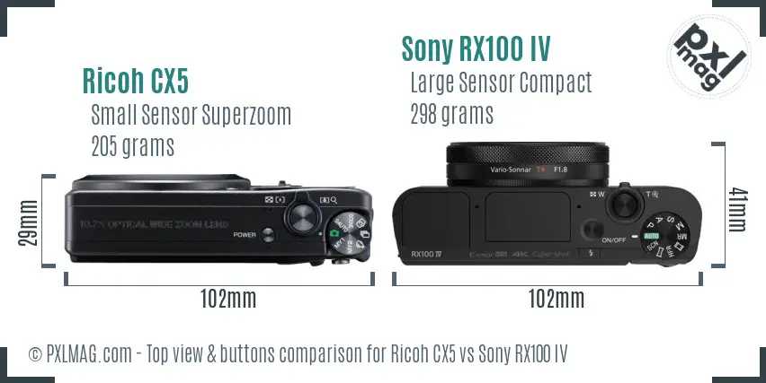 Ricoh CX5 vs Sony RX100 IV top view buttons comparison Ricoh CX5 vs Sony RX100 IV top view buttons comparison