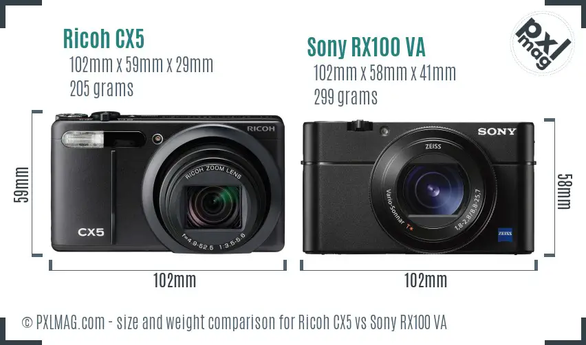 Ricoh CX5 vs Sony RX100 VA size comparison
