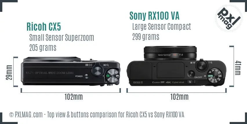 Ricoh CX5 vs Sony RX100 VA top view buttons comparison