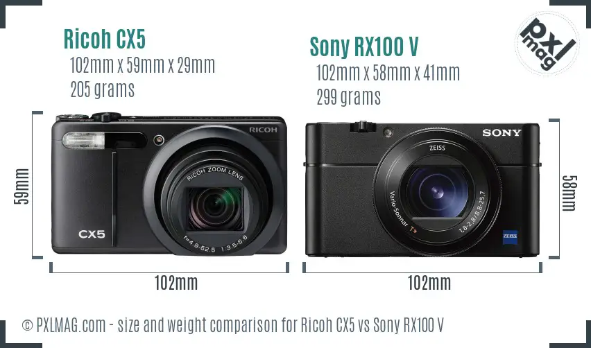 Ricoh CX5 vs Sony RX100 V size comparison