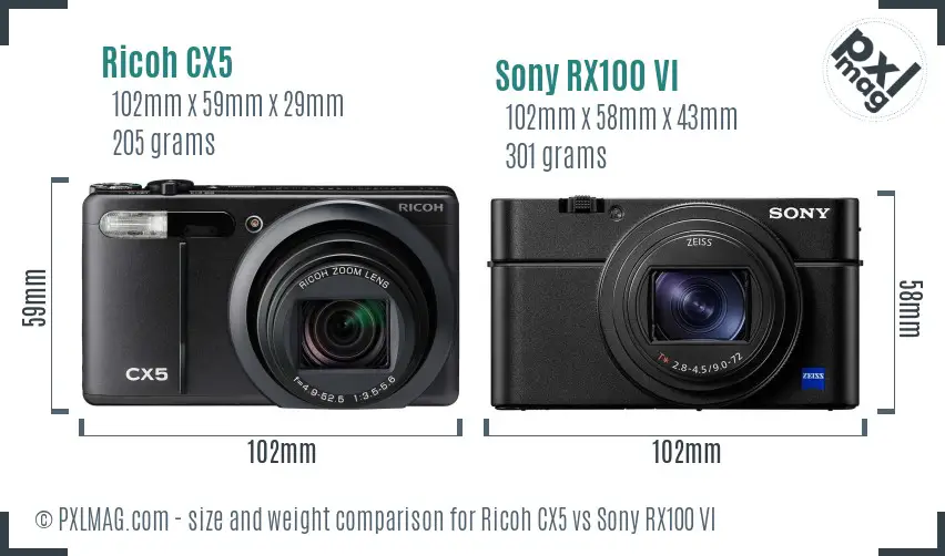 Ricoh CX5 vs Sony RX100 VI size comparison