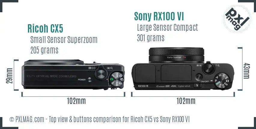 Ricoh CX5 vs Sony RX100 VI top view buttons comparison