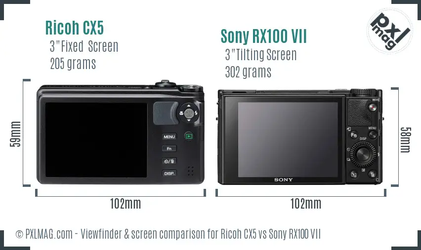 Ricoh CX5 vs Sony RX100 VII Screen and Viewfinder comparison