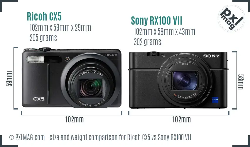 Ricoh CX5 vs Sony RX100 VII size comparison