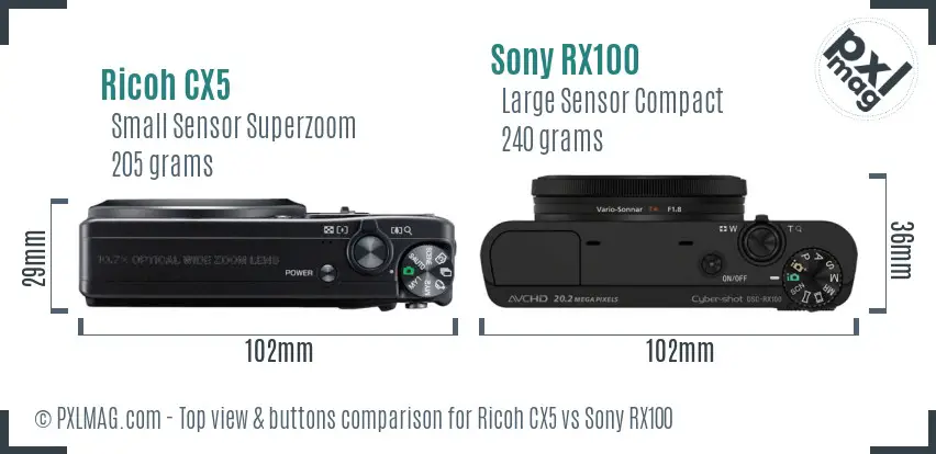 Ricoh CX5 vs Sony RX100 top view buttons comparison