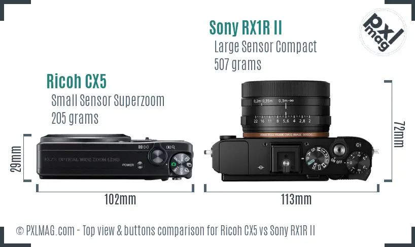 Ricoh CX5 vs Sony RX1R II top view buttons comparison