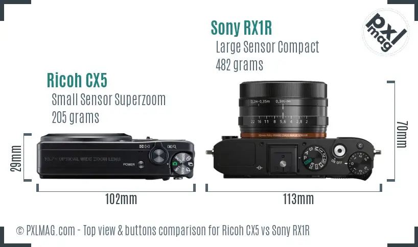 Ricoh CX5 vs Sony RX1R top view buttons comparison