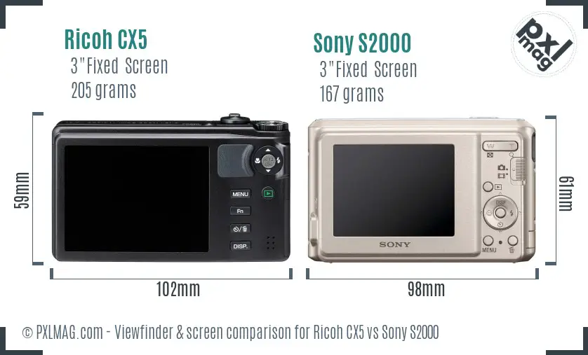 Ricoh CX5 vs Sony S2000 Screen and Viewfinder comparison