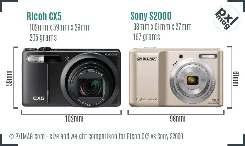 Ricoh CX5 vs Sony S2000 size comparison