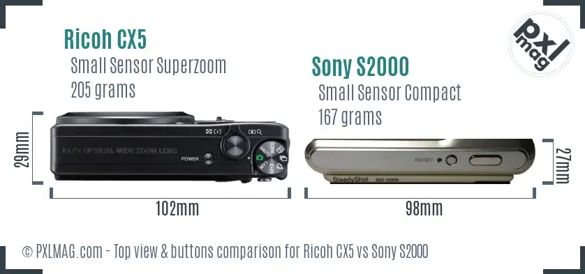 Ricoh CX5 vs Sony S2000 top view buttons comparison