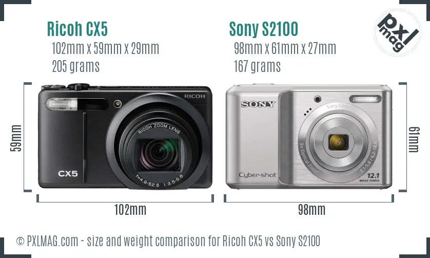 Ricoh CX5 vs Sony S2100 size comparison