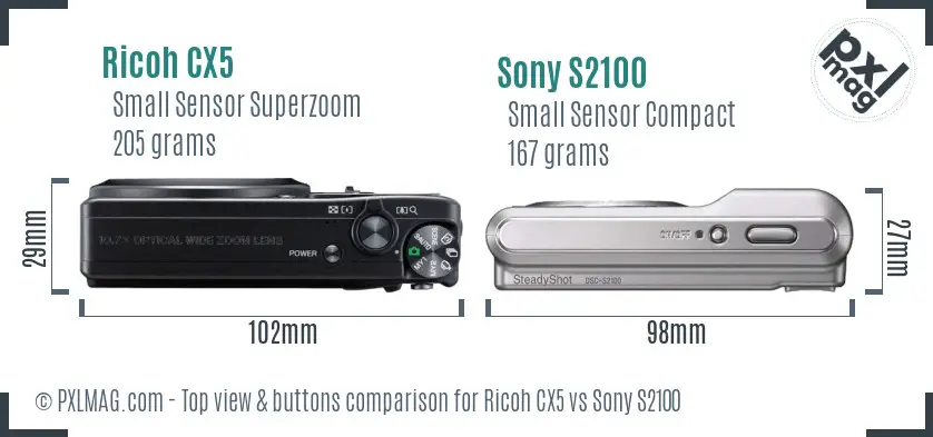 Ricoh CX5 vs Sony S2100 top view buttons comparison