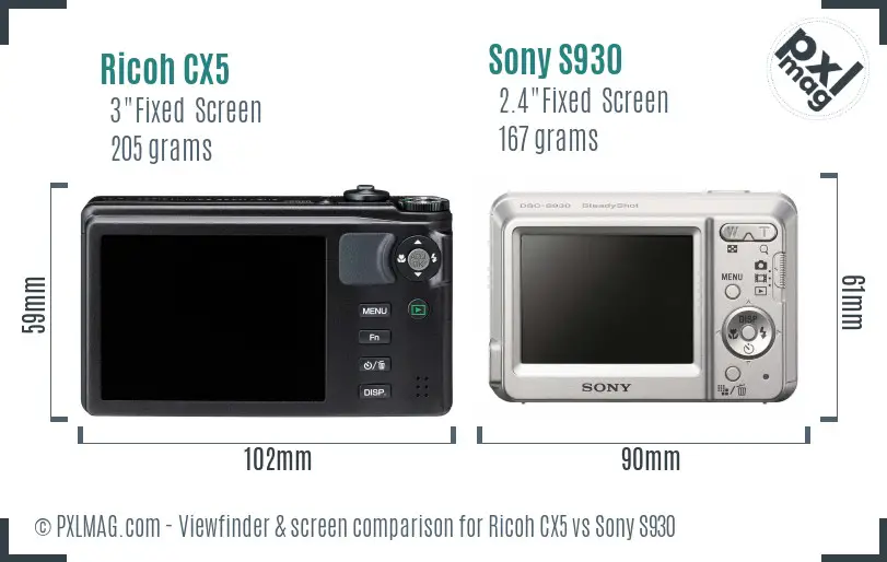 Ricoh CX5 vs Sony S930 Screen and Viewfinder comparison