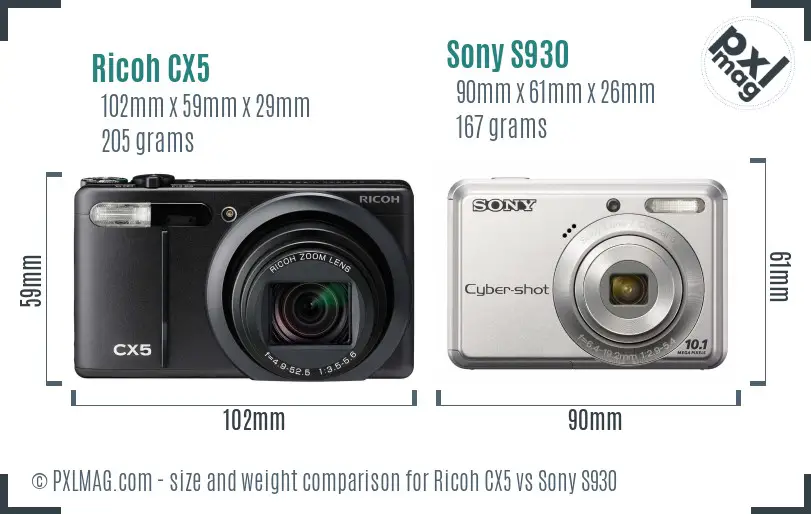 Ricoh CX5 vs Sony S930 size comparison