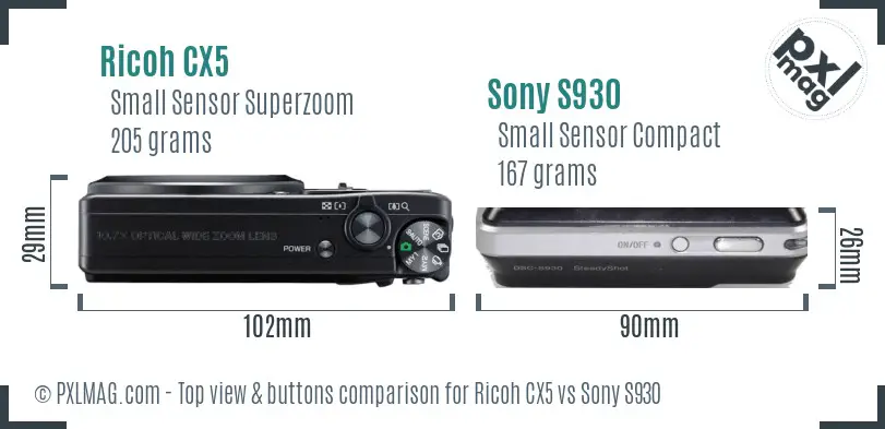 Ricoh CX5 vs Sony S930 top view buttons comparison
