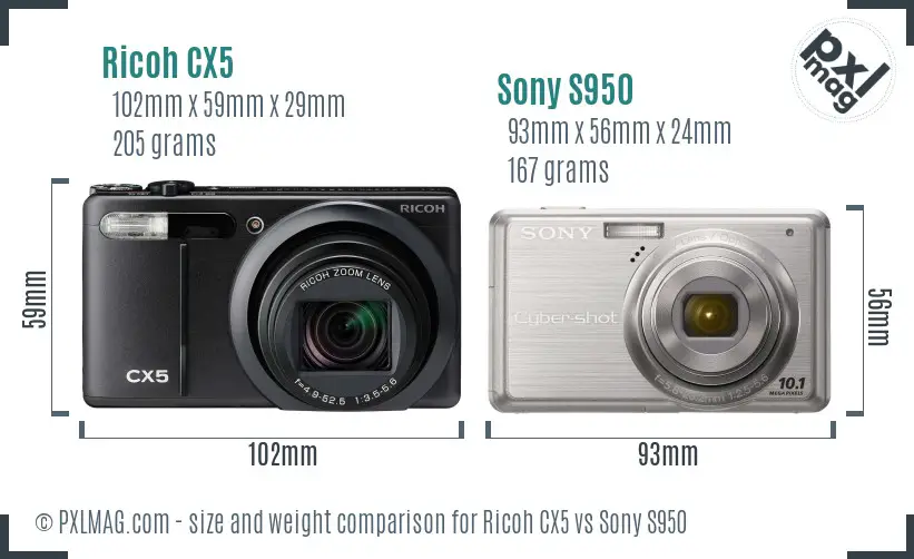 Ricoh CX5 vs Sony S950 size comparison