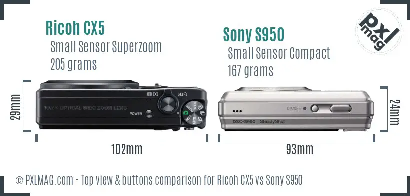 Ricoh CX5 vs Sony S950 top view buttons comparison