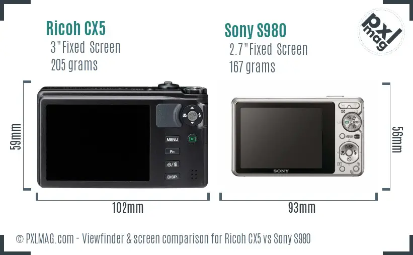Ricoh CX5 vs Sony S980 Screen and Viewfinder comparison