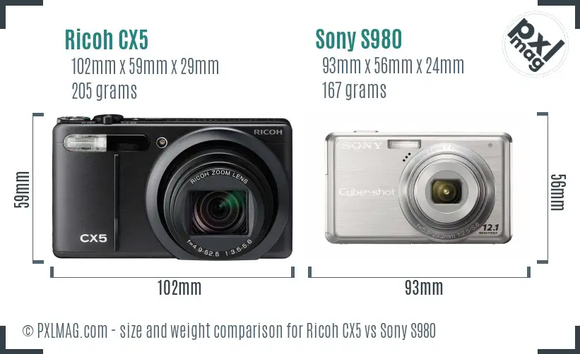 Ricoh CX5 vs Sony S980 size comparison