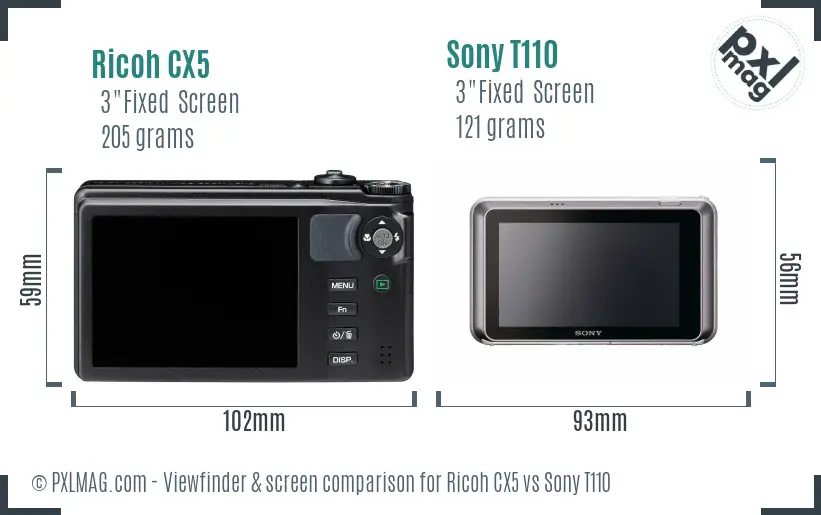 Ricoh CX5 vs Sony T110 Screen and Viewfinder comparison