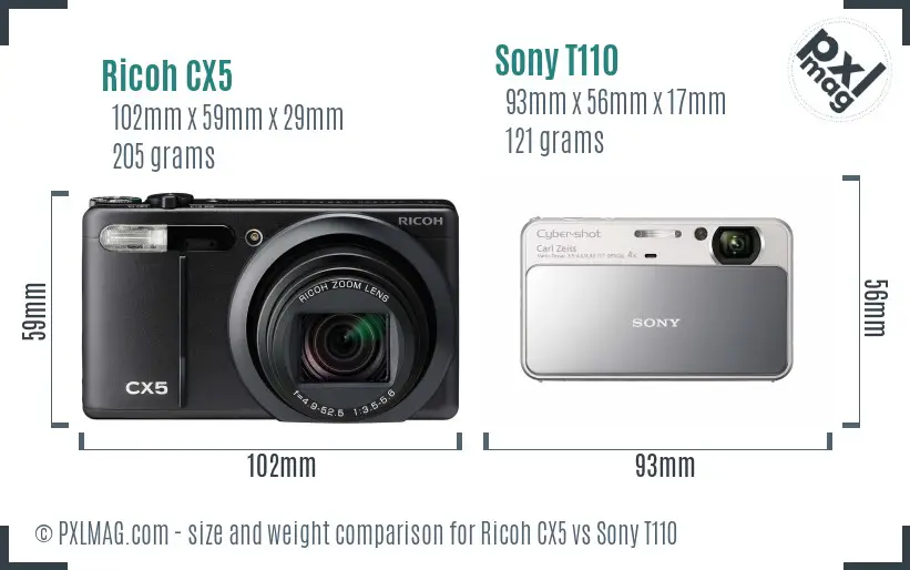 Ricoh CX5 vs Sony T110 size comparison