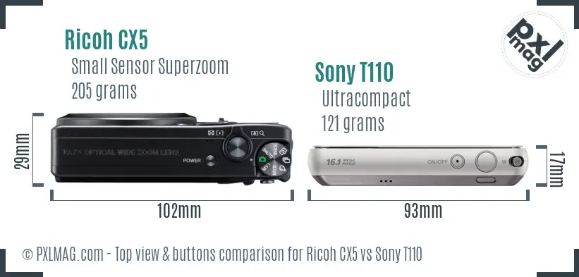 Ricoh CX5 vs Sony T110 top view buttons comparison