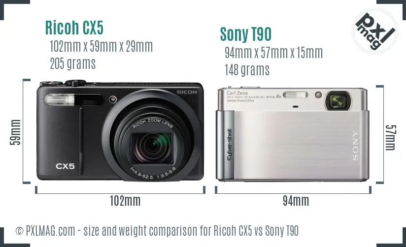Ricoh CX5 vs Sony T90 size comparison