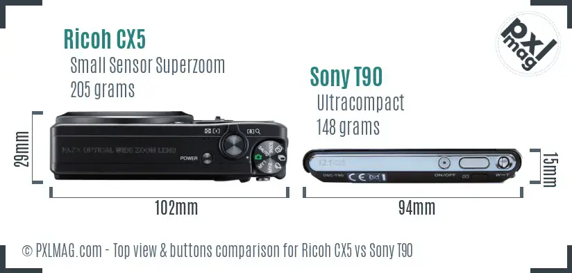 Ricoh CX5 vs Sony T90 top view buttons comparison