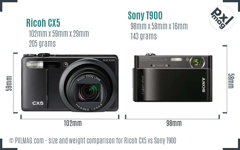 Ricoh CX5 vs Sony T900 size comparison