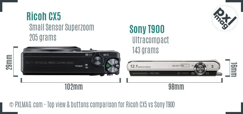 Ricoh CX5 vs Sony T900 top view buttons comparison