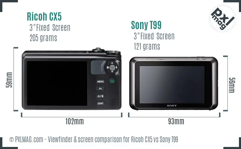 Ricoh CX5 vs Sony T99 Screen and Viewfinder comparison