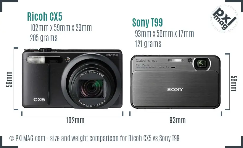 Ricoh CX5 vs Sony T99 size comparison