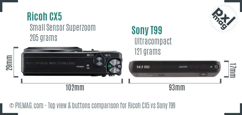 Ricoh CX5 vs Sony T99 top view buttons comparison