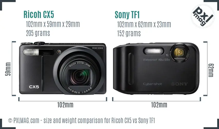Ricoh CX5 vs Sony TF1 size comparison