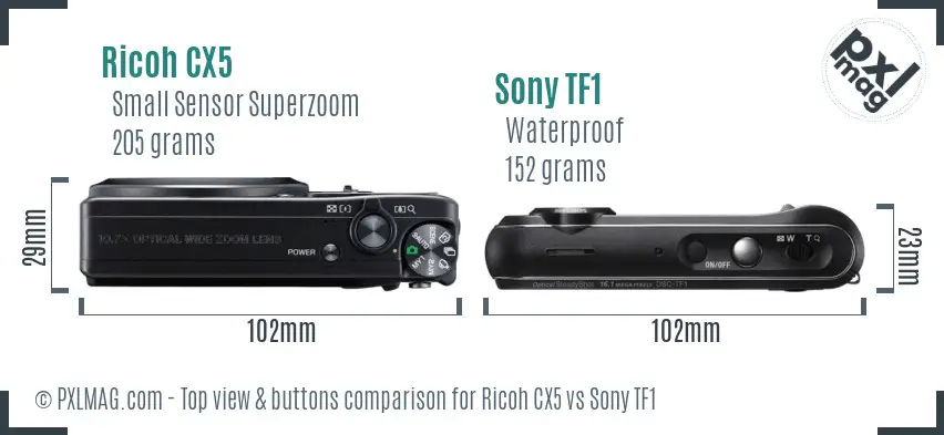 Ricoh CX5 vs Sony TF1 top view buttons comparison