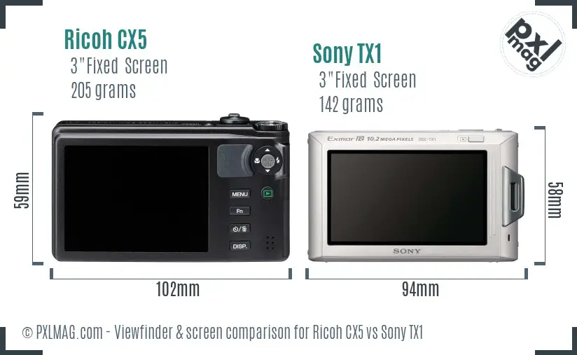 Ricoh CX5 vs Sony TX1 Screen and Viewfinder comparison