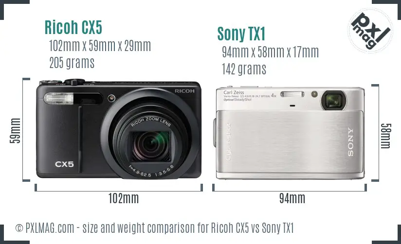 Ricoh CX5 vs Sony TX1 size comparison