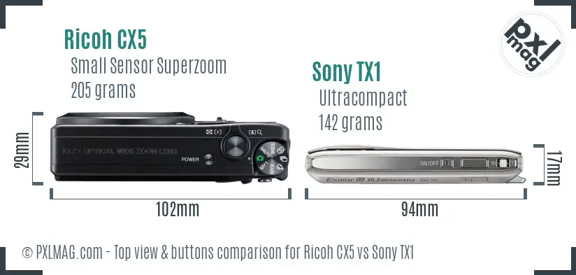 Ricoh CX5 vs Sony TX1 top view buttons comparison