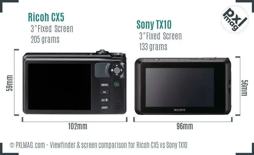 Ricoh CX5 vs Sony TX10 Screen and Viewfinder comparison