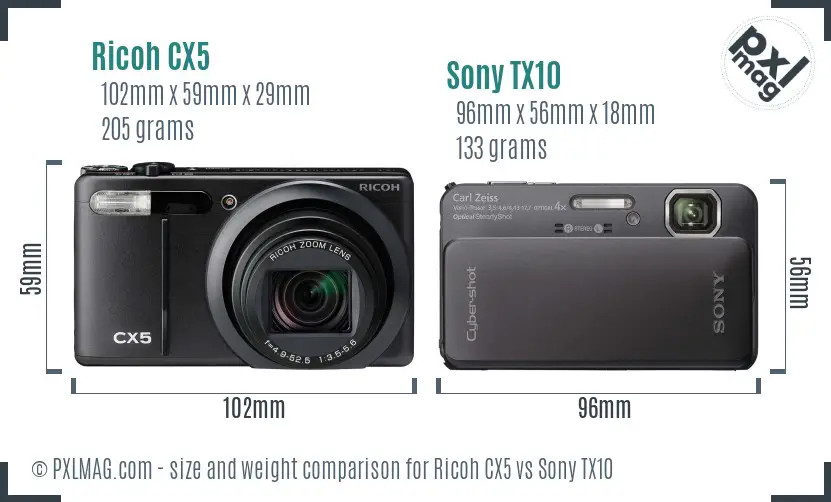 Ricoh CX5 vs Sony TX10 size comparison