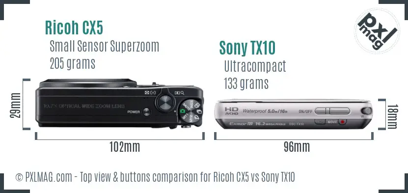 Ricoh CX5 vs Sony TX10 top view buttons comparison