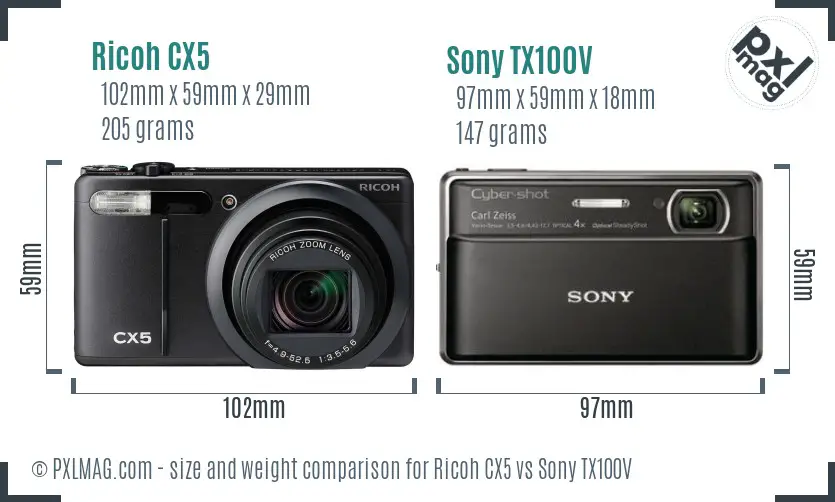 Ricoh CX5 vs Sony TX100V size comparison