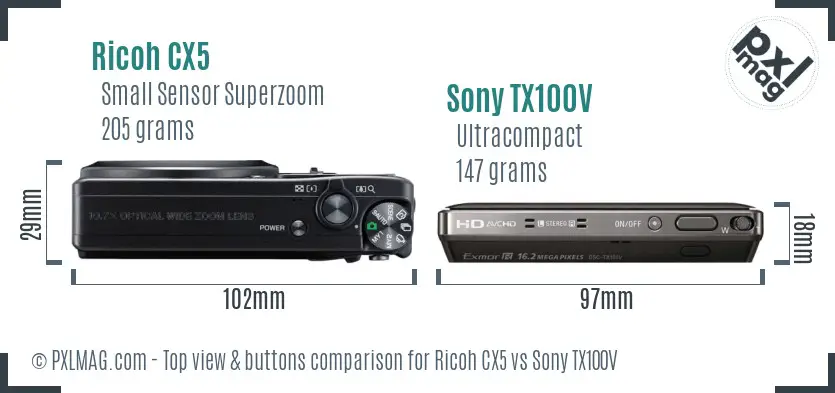 Ricoh CX5 vs Sony TX100V top view buttons comparison