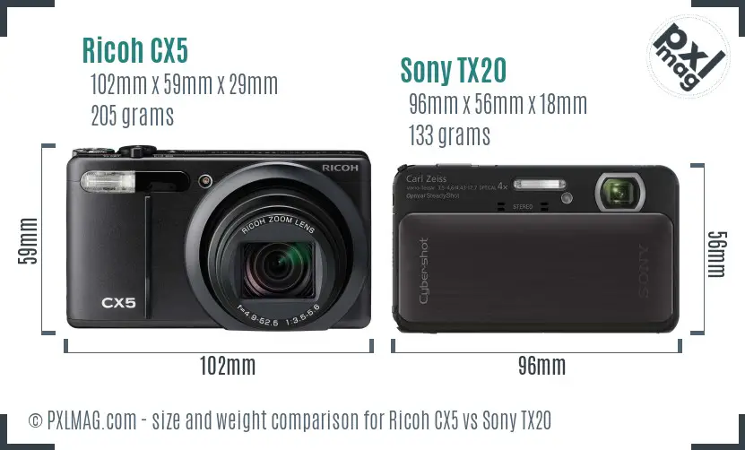Ricoh CX5 vs Sony TX20 size comparison