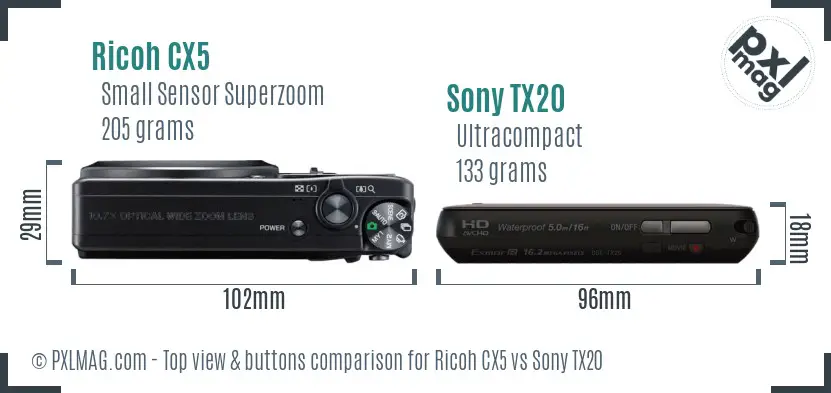 Ricoh CX5 vs Sony TX20 top view buttons comparison