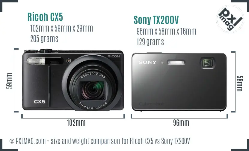 Ricoh CX5 vs Sony TX200V size comparison