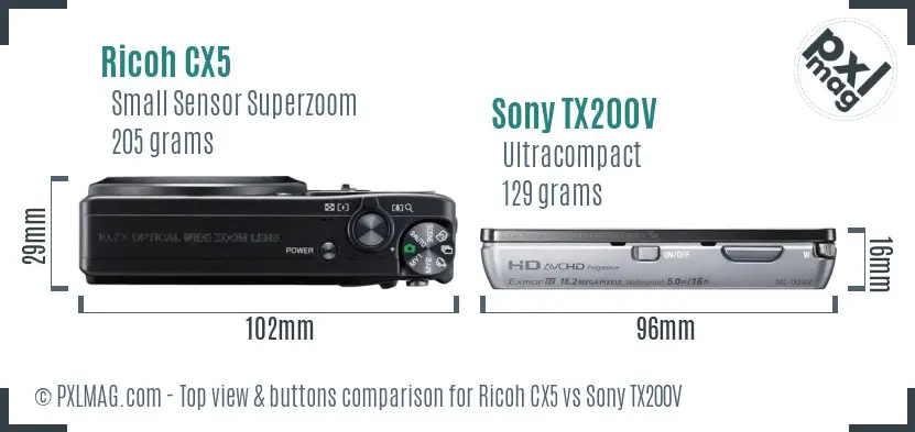 Ricoh CX5 vs Sony TX200V top view buttons comparison