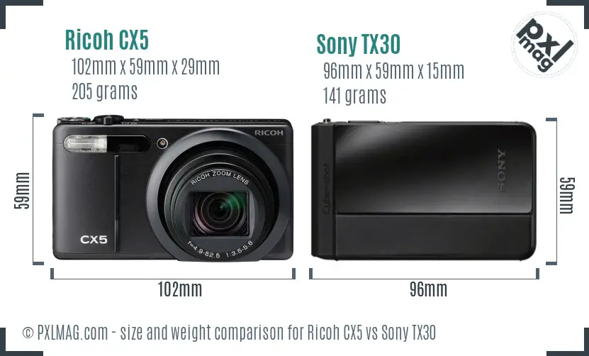 Ricoh CX5 vs Sony TX30 size comparison