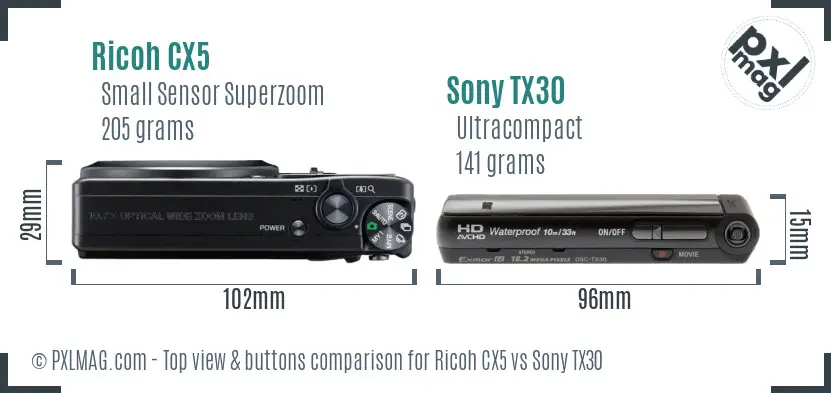 Ricoh CX5 vs Sony TX30 top view buttons comparison