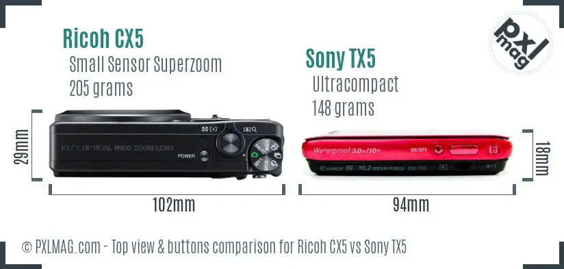 Ricoh CX5 vs Sony TX5 top view buttons comparison